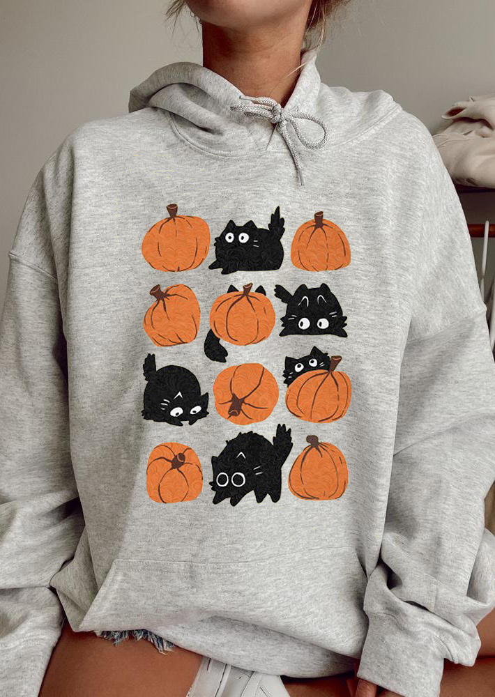 

Pumpkin Cat Kangaroo Pocket Long Sleeve Hoodie - Gray, 519238