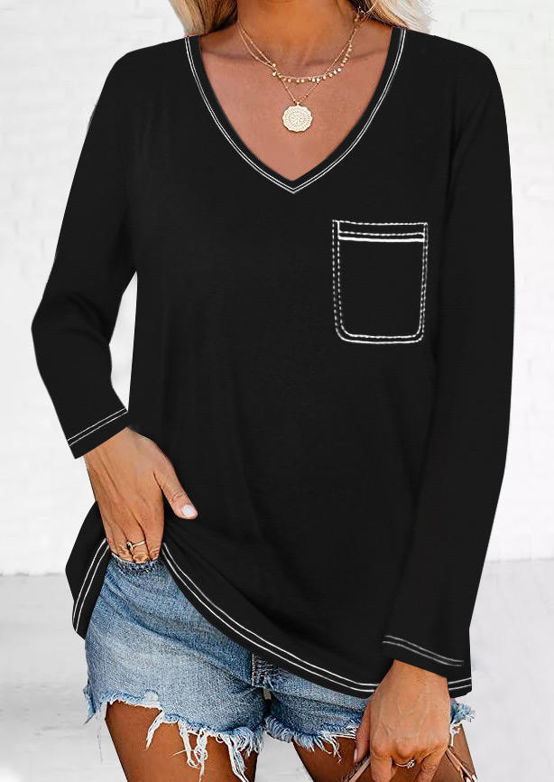

V-Neck Long Sleeve Blouse - Black, 518661