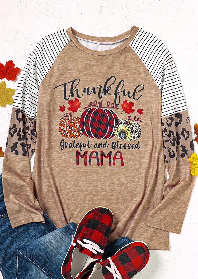 Thankful Mama Striped Leopard Pumpkin Sunflower Blouse - Khaki