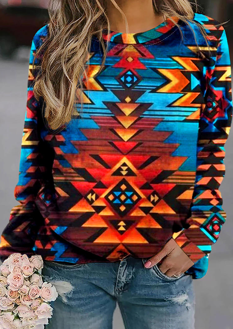 

Aztec Geometric Western Pullover Sweatshirt, Multicolor, 518755