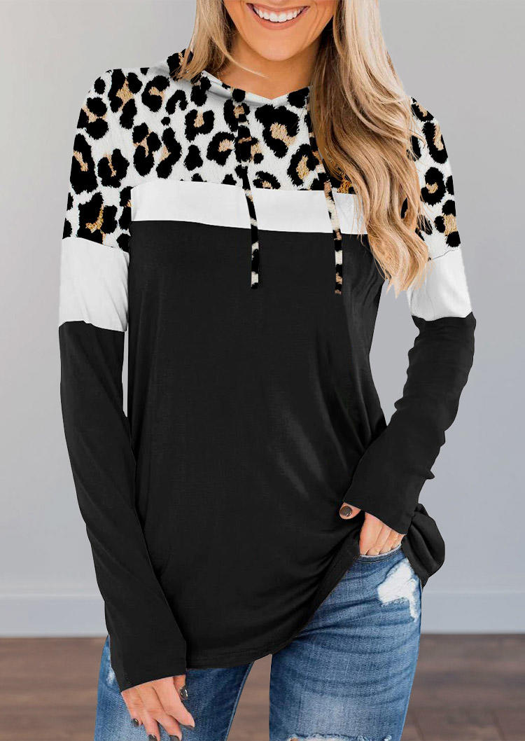 

Leopard Color Block Tie Hooded Blouse - Black, 518834