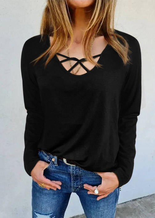 

Cut Out Hollow Out Long Sleeve Blouse - Black, 518905