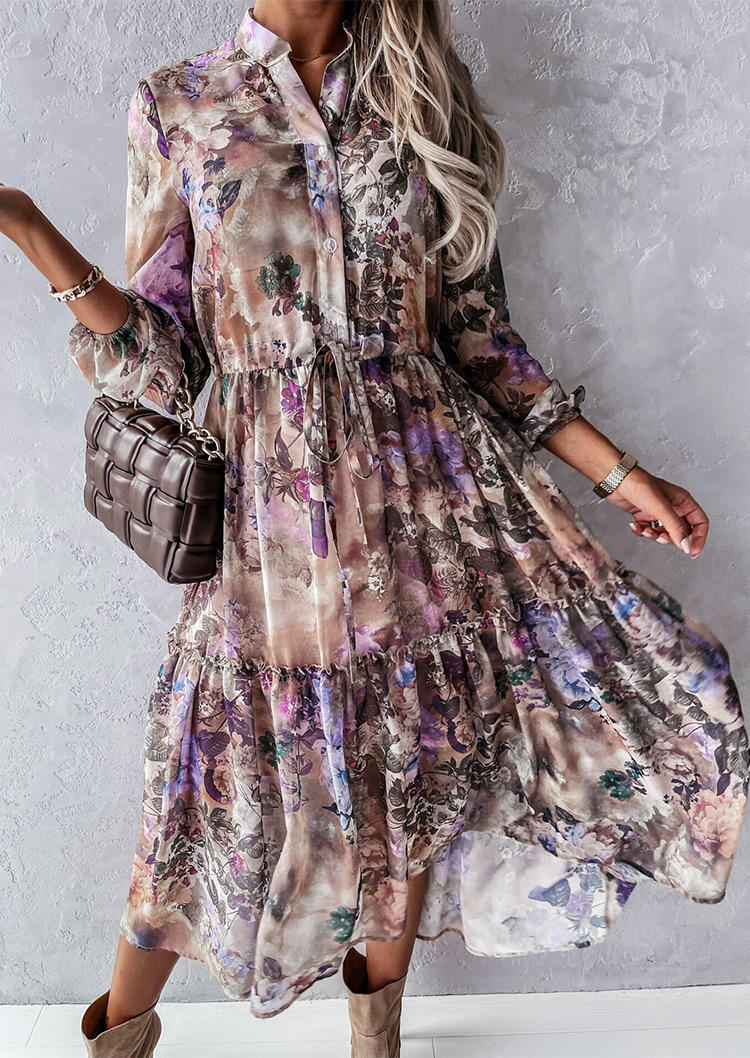 

Floral Tie Button Ruffled Long Sleeve Midi Dress, Multicolor, 518938