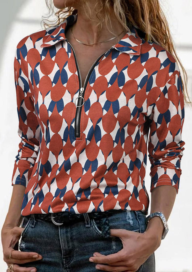 

Geometric Zipper Long Sleeve Blouse, Multicolor, 518957