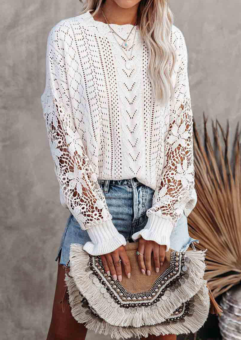 

Lace Hollow Out Splicing Long Sleeve Sweater - White, 518989