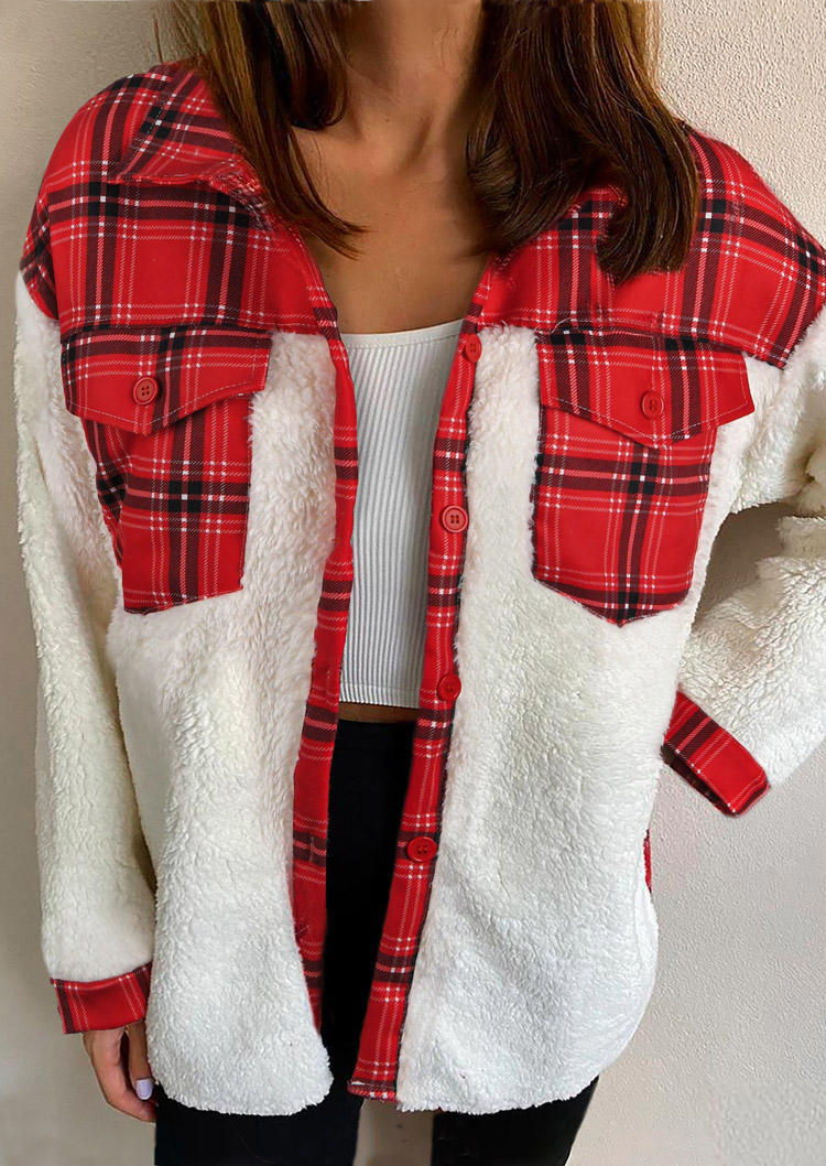

Fuzzy Plaid Splicing Pocket Button Coat, 518544