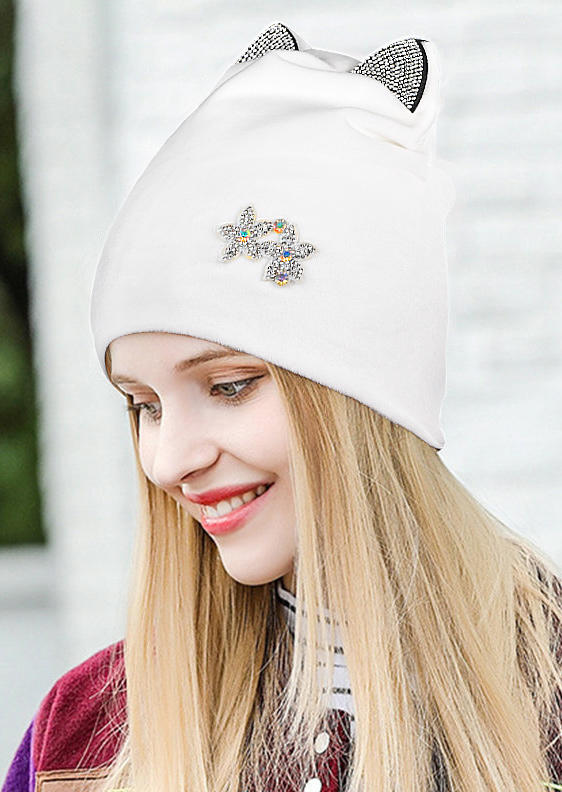 

Cat Ear Floral Knitted Beanie Hat, White;gray, 518575