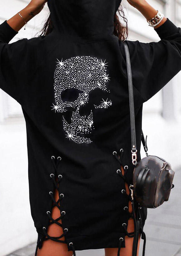 

Lace Up Skull Hooded Long Sleeve Mini Dress - Black, 518578