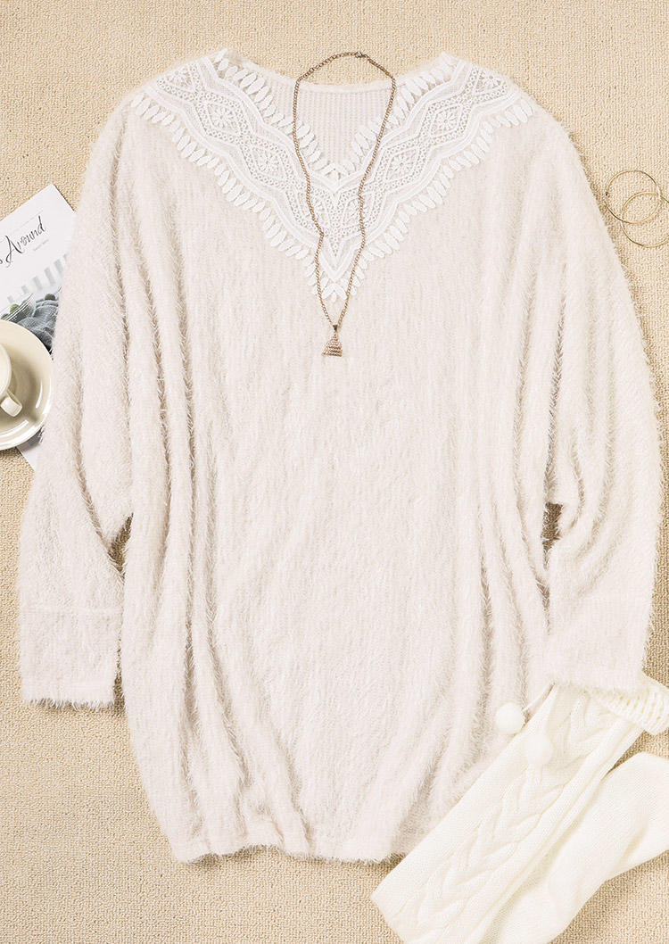 Fuzzy Lace Splicing Long Sleeve Mini Dress - White