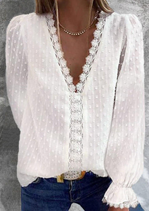 

Lace Dotted Swiss V-Neck Blouse - White, 518878