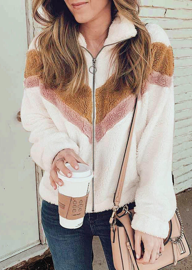 

Fuzzy Zipper Color Block Long Sleeve Coat - White, 518885