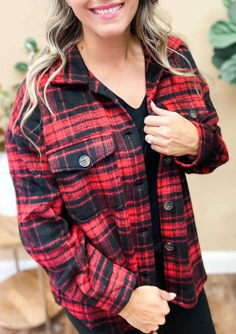 

Plaid Pocket Button Long Sleeve Shirt Coat - Red, 518929