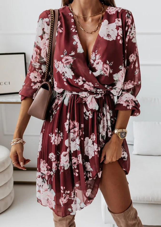 

Floral Elastic Cuff V-Neck Mini Dress - Burgundy, 518934