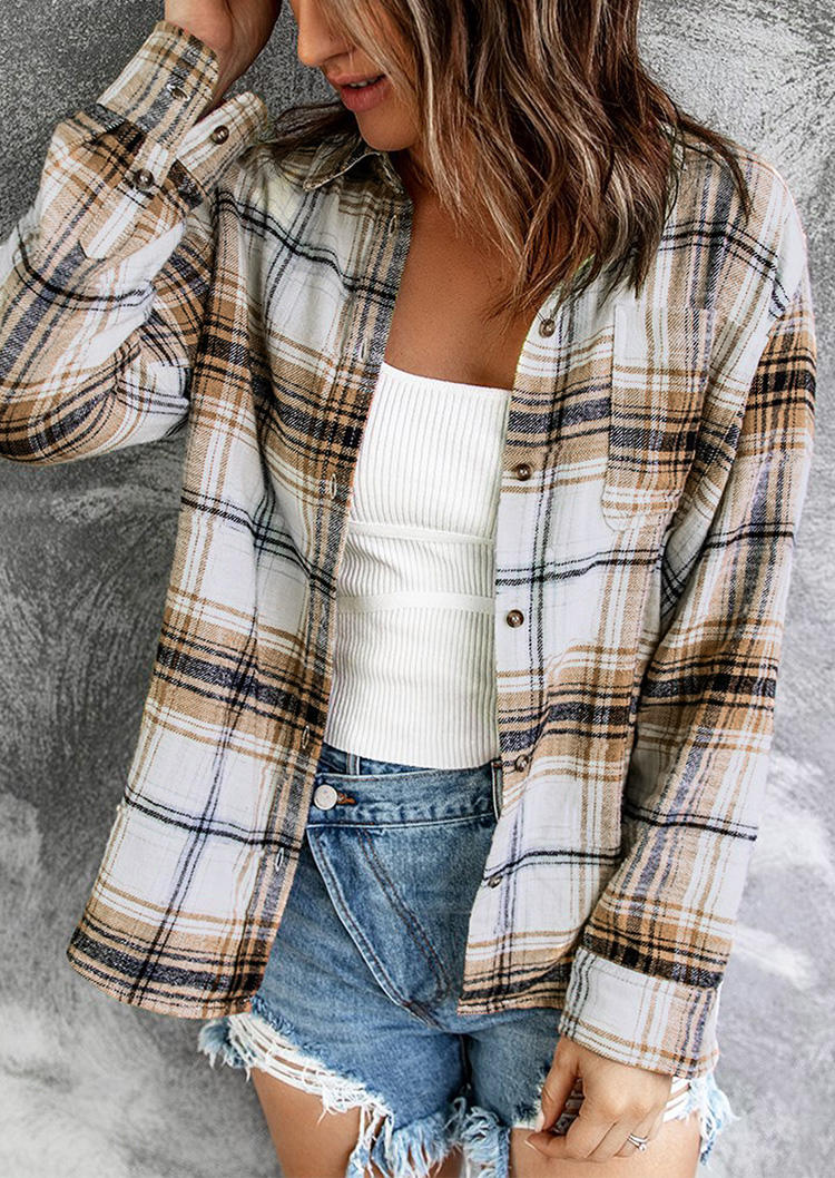 

Plaid Pocket Button Long Sleeve Turn-down Collar Shirt, 518948