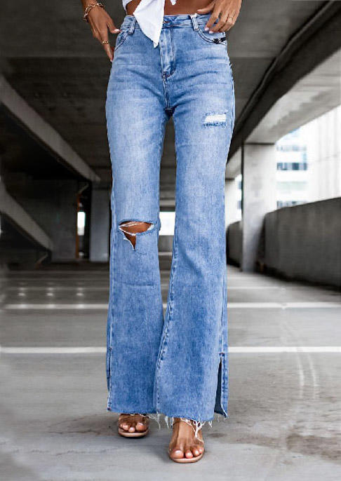 

Slit Ripped Hole Frayed Hem Denim Pants - Blue, 519035