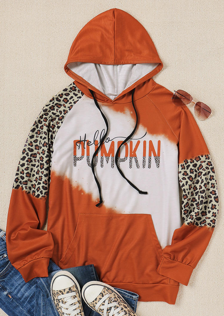 Buy Hello Pumpkin Leopard Kangaroo Pocket Hoodie - Orange. Picture