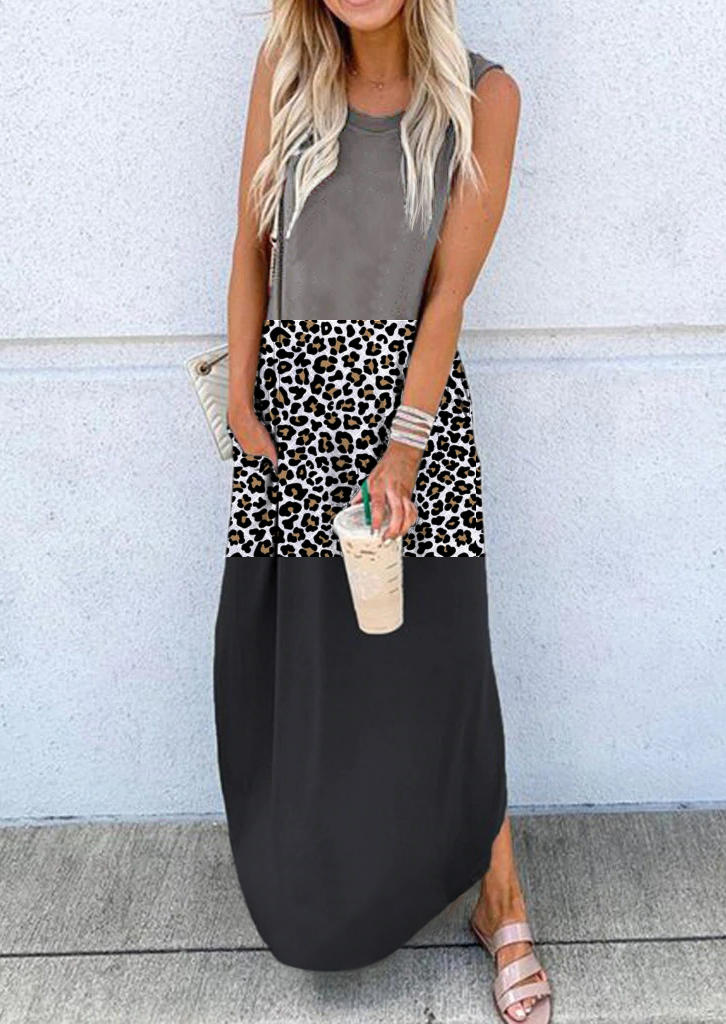 Color Block Leopard Pocket Sleeveless Maxi Dress
