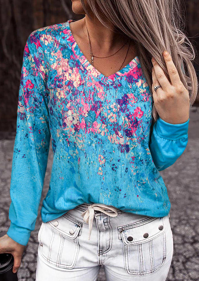 

Floral Oil Painting Long Sleeve Blouse - Blue, 518908