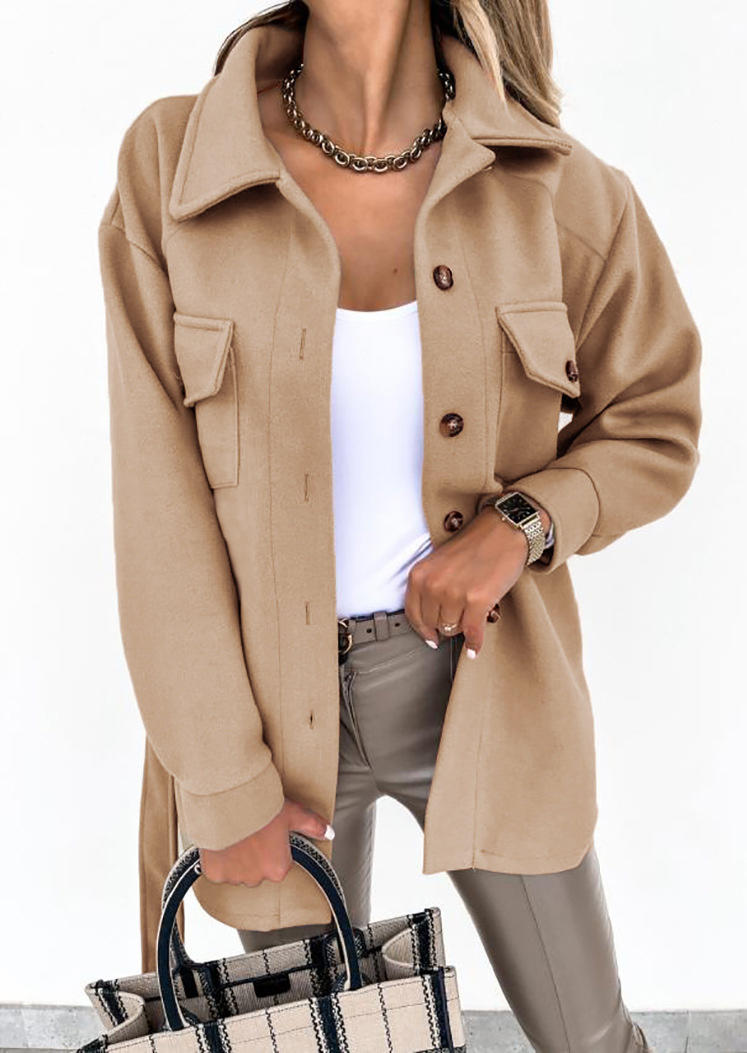 

Pocket Button Turn-down Collar Coat - Khaki, 518945