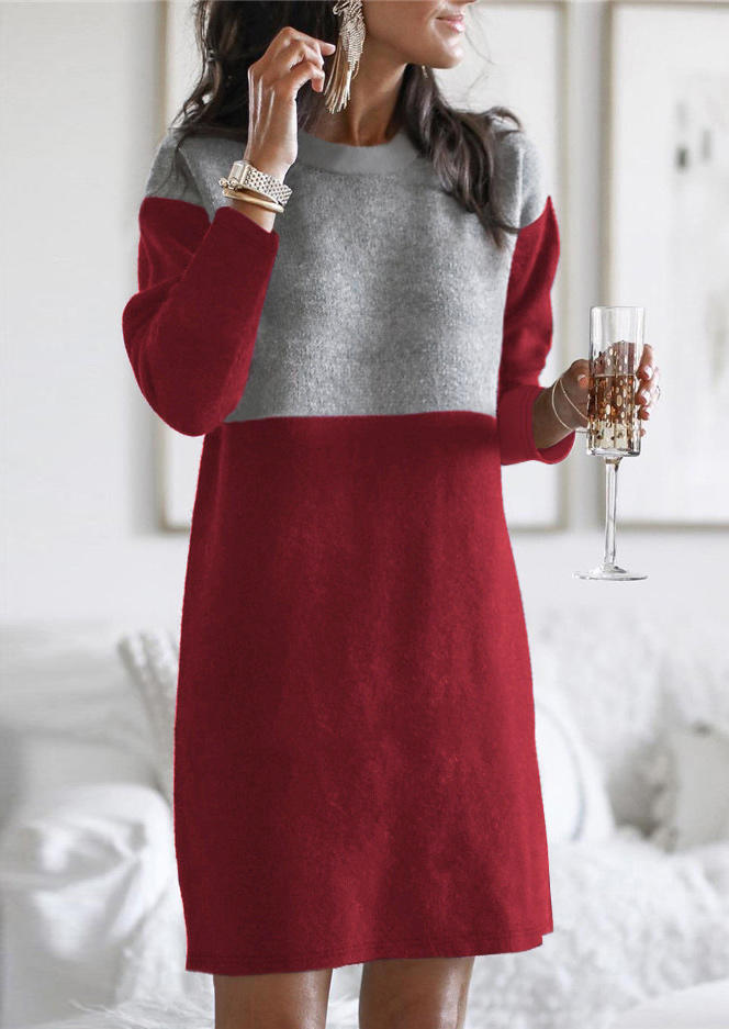 

Color Block Long Sleeve Mini Dress - Red, 518965