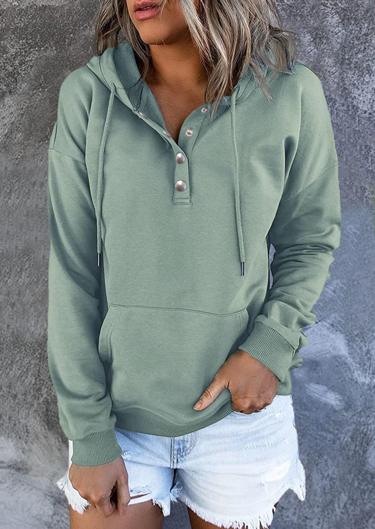 

Button Kangaroo Pocket Drawstring Long Sleeve Hoodie - Light Green, 518972