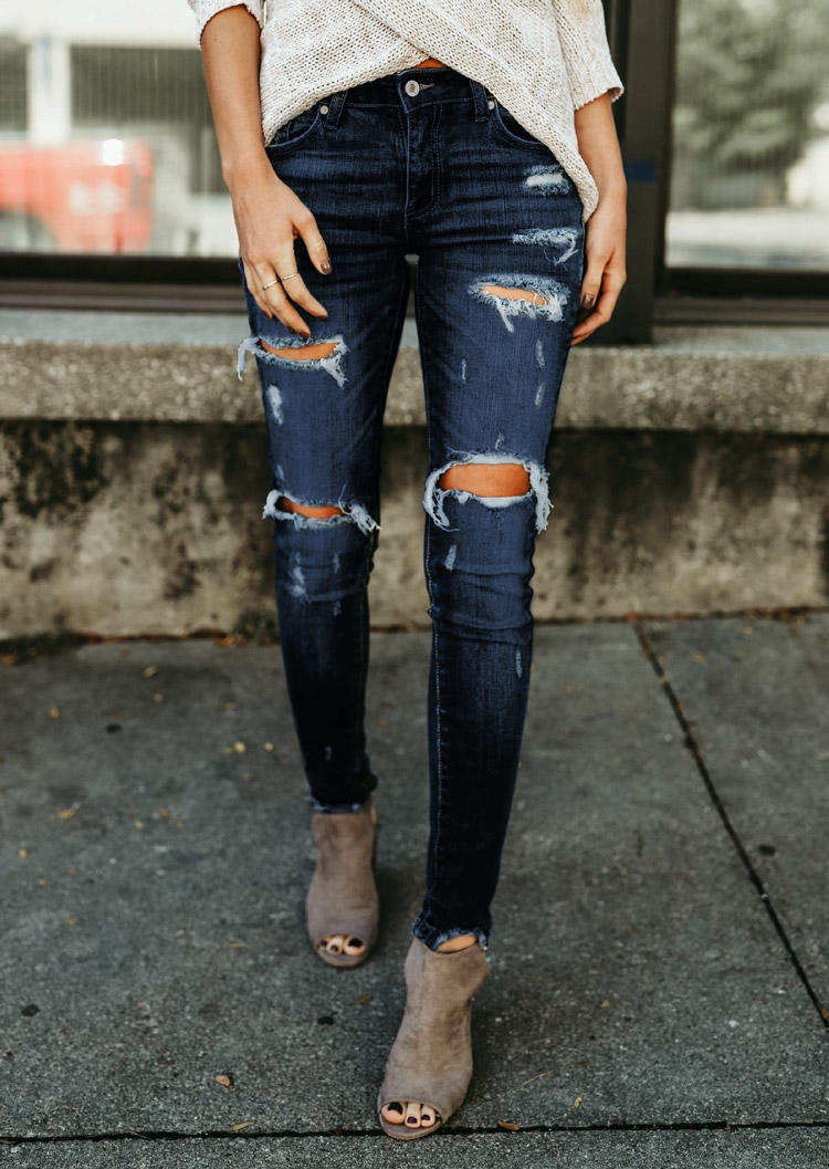 

Ripped Hole Frayed Hem Jeans Pants - Deep Blue, 519024