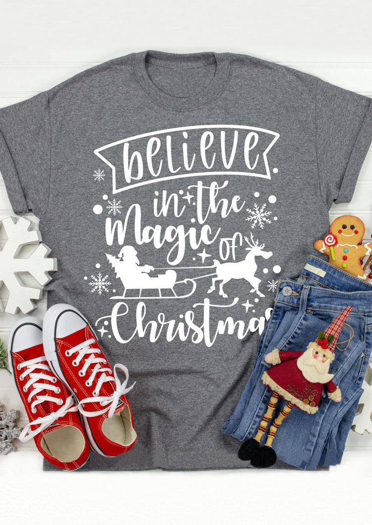 

Christmas Believe In The Magic Santa Reindeer T-Shirt Tee - Gray, 519344