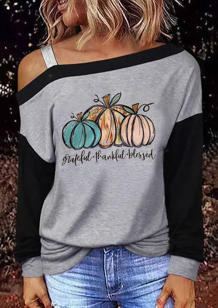 

Greatful Thankful Blessed Pumpkin Cold Shoulder Blouse - Gray, 519355