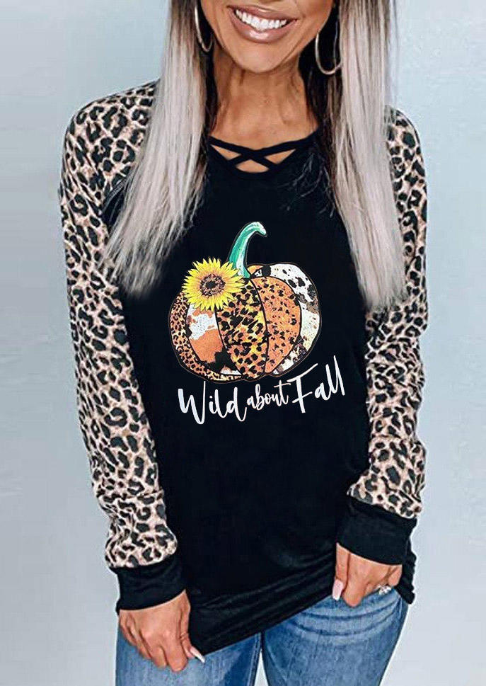 

Thanksgiving Wild About Fall Leopard Pumpkin Sunflower Blouse - Black, 519365