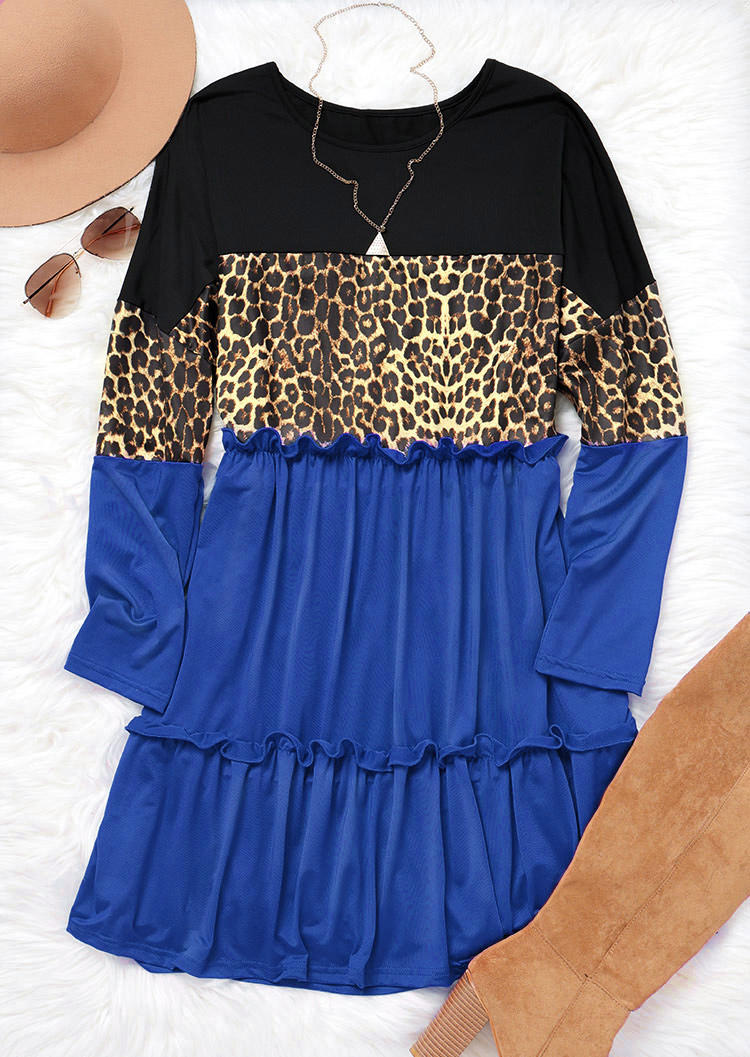 Leopard Color Block Ruffled Splicing Mini Dress - Blue