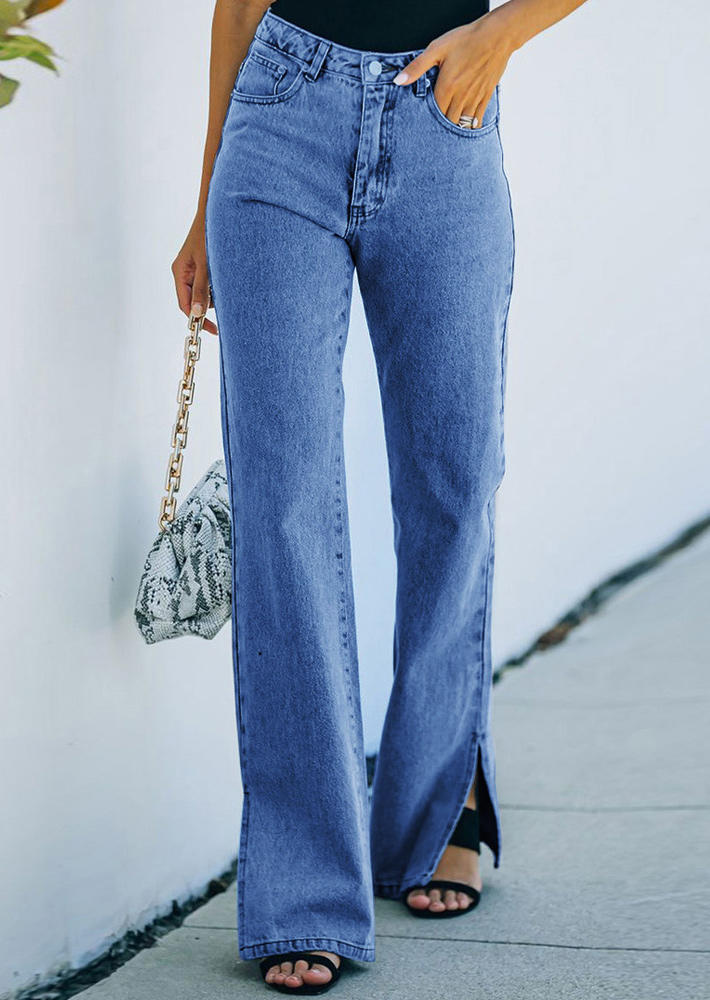 

Pocket Button Slit Denim Pants - Blue, 519466