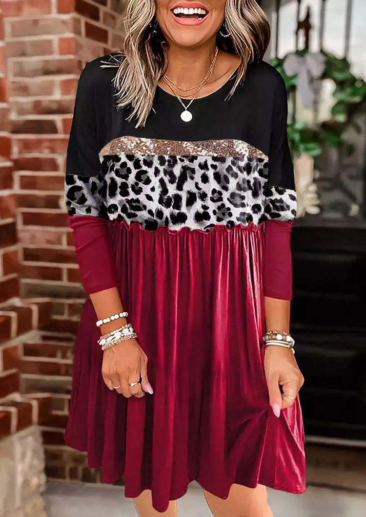 

Leopard Sequined Splicing Ruffled Color Block Mini Dress - Red, 519474