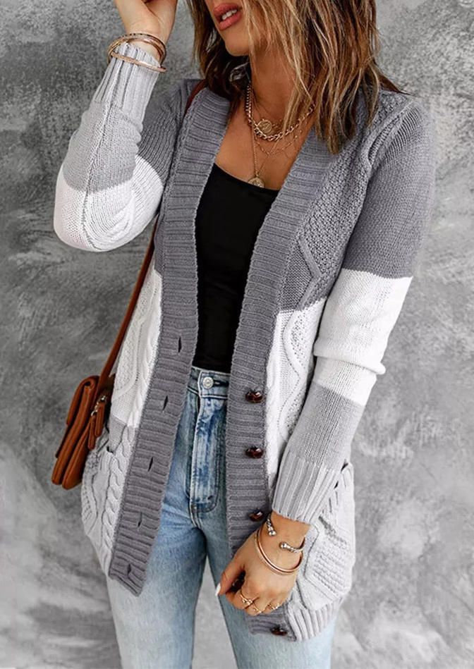 

Color Block Pocket Button Sweater Cardigan, Multicolor, 519476