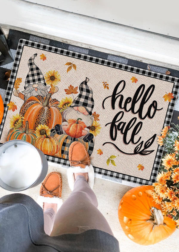 

Thanksgiving Hello Fall Gnomies Plaid Leopard Pumpkin Carpet, Multicolor, 519478