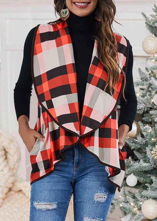 

Plaid Turn-down Collar Sleeveless Vest Coat, 518608
