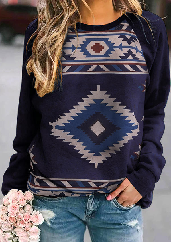 

Aztec Geometric Long Sleeve O-Neck Sweatshirt - Navy Blue, 518959