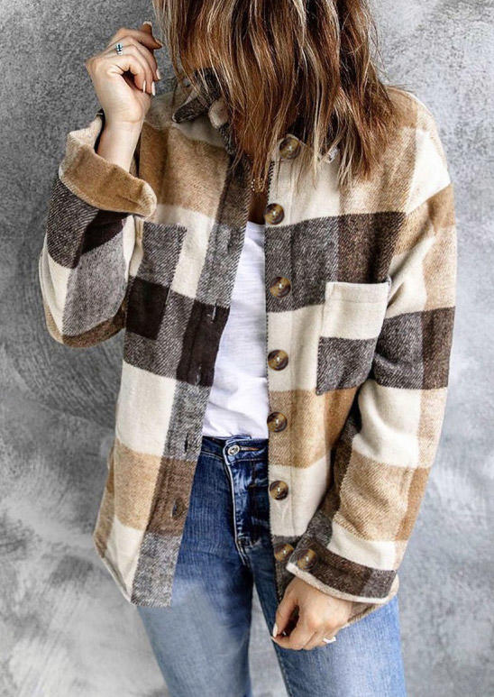 

Plaid Pocket Button Long Sleeve Shirt Coat, 519011