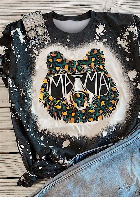 Mama Bear Leopard Bleached T-Shirt Tee - Black