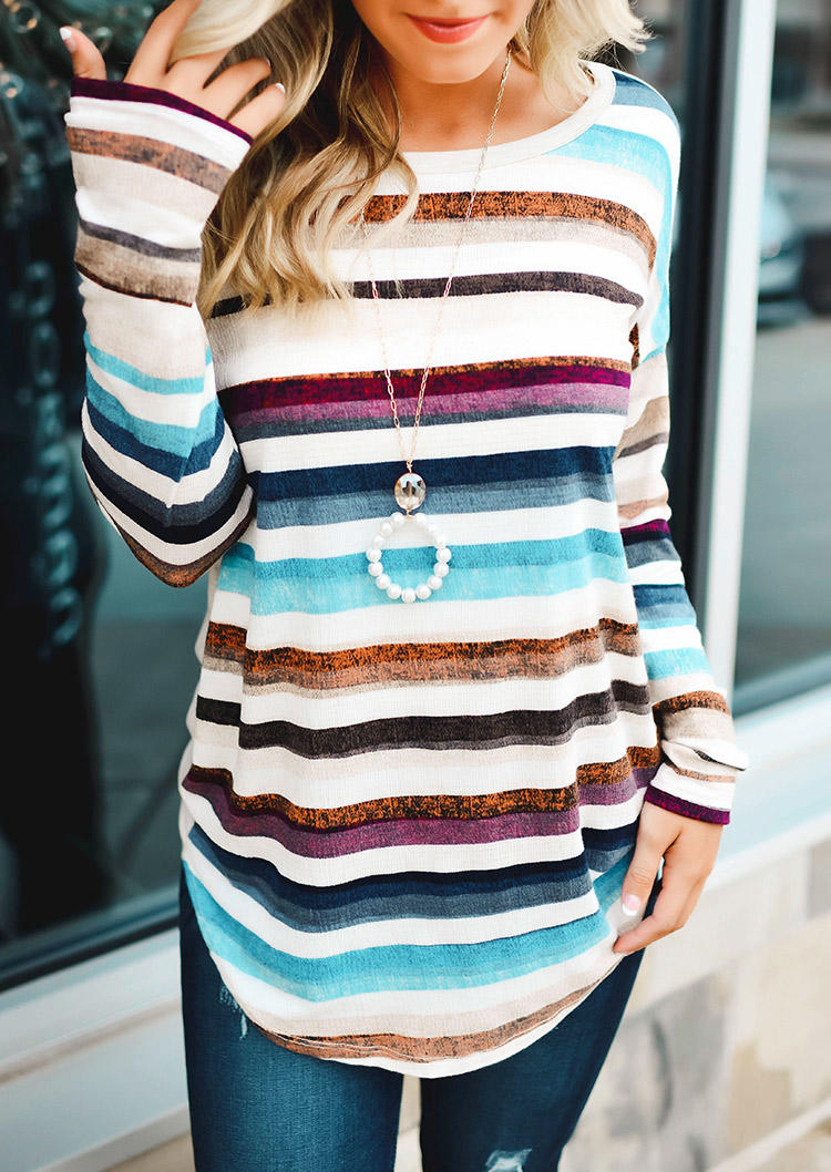 

Colorful Striped O-Neck Long Sleeve Blouse, Multicolor, 519305