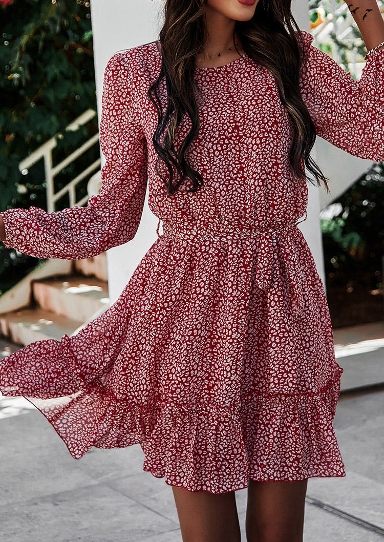 

Ruffled Long Sleeve O-Neck Mini Dress With Belt - Red, 519314