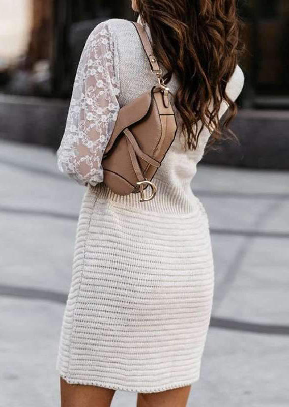 Lace Splicing Knitted Long Sleeve Mini Dress - Light Grey
