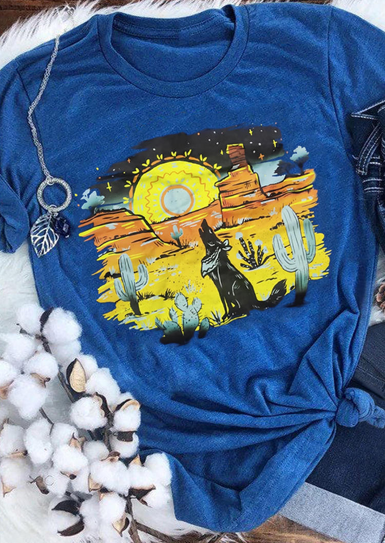 Desert Cactus O-Neck T-Shirt Tee - Blue