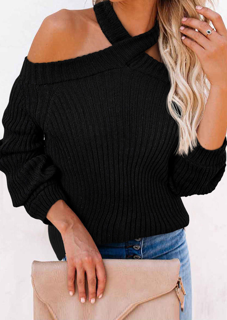

Cold Shoulder Halter Knitted Long Sleeve Sweater - Black, 519326