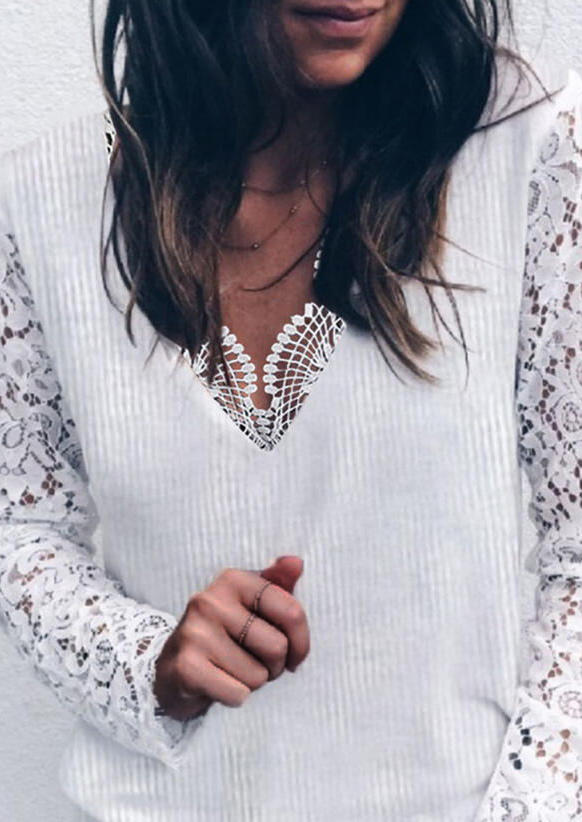 Lace Splicing Casual Sweater - White