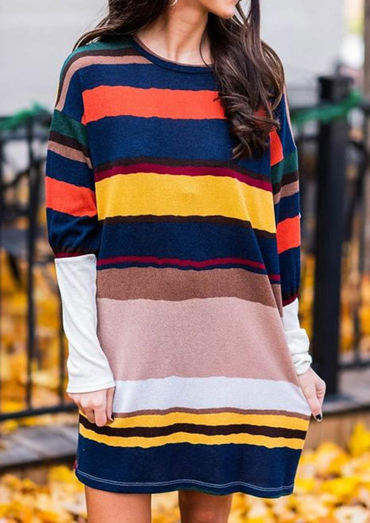 

Color Block Splicing Long Sleeve Mini Dress, Multicolor, 519482