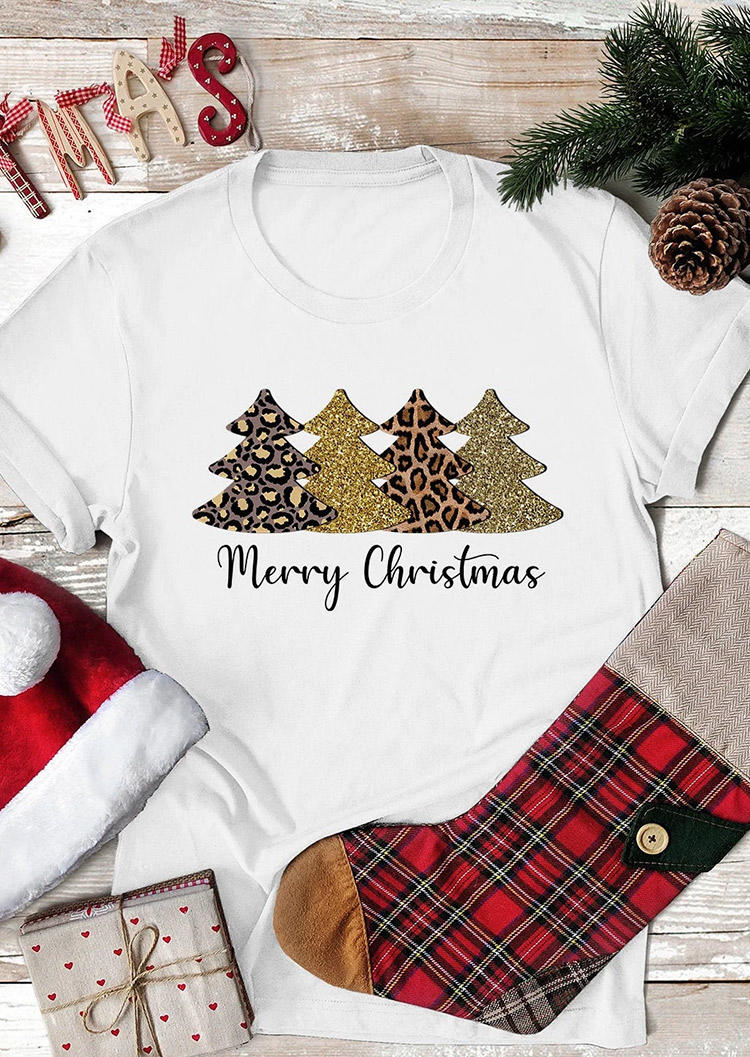 

Merry Christmas Tree Leopard T-Shirt Tee - White, 519521