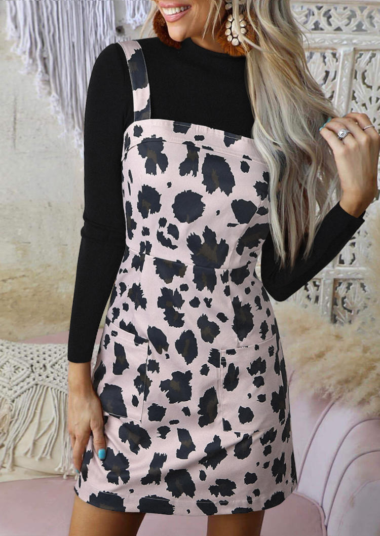 Leopard Pocket Sleeveless Overall Mini Dress