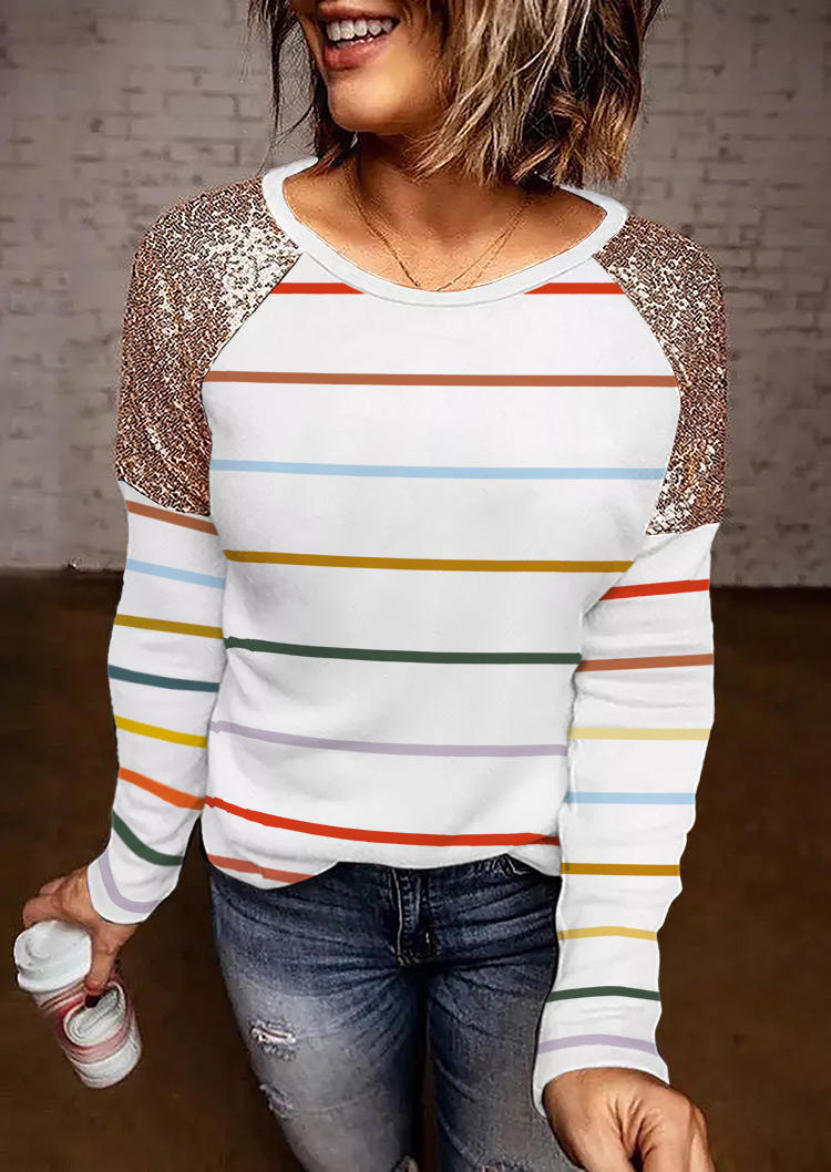 

Striped Splicing Sequined Long Sleeve Blouse - White, 519027