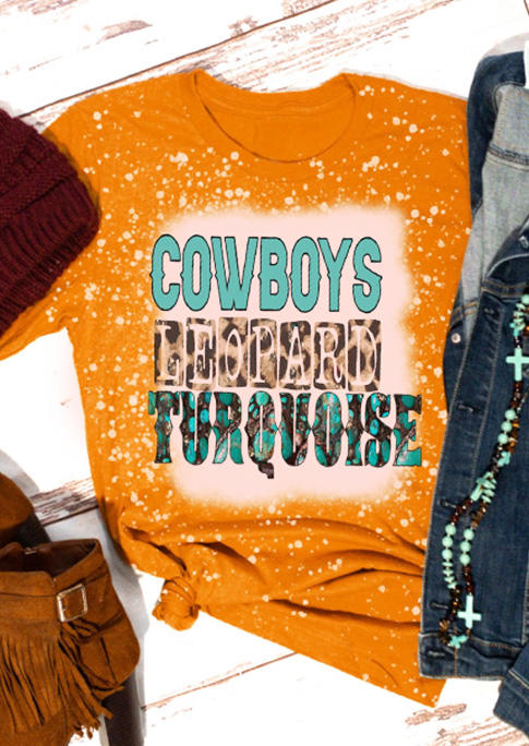 Buy Cowboys Leopard Turquoise Bleached T-Shirt Tee - Orange. Picture