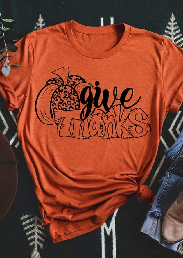 Give Thanks Leopard Pumpkin T-Shirt Tee - Orange